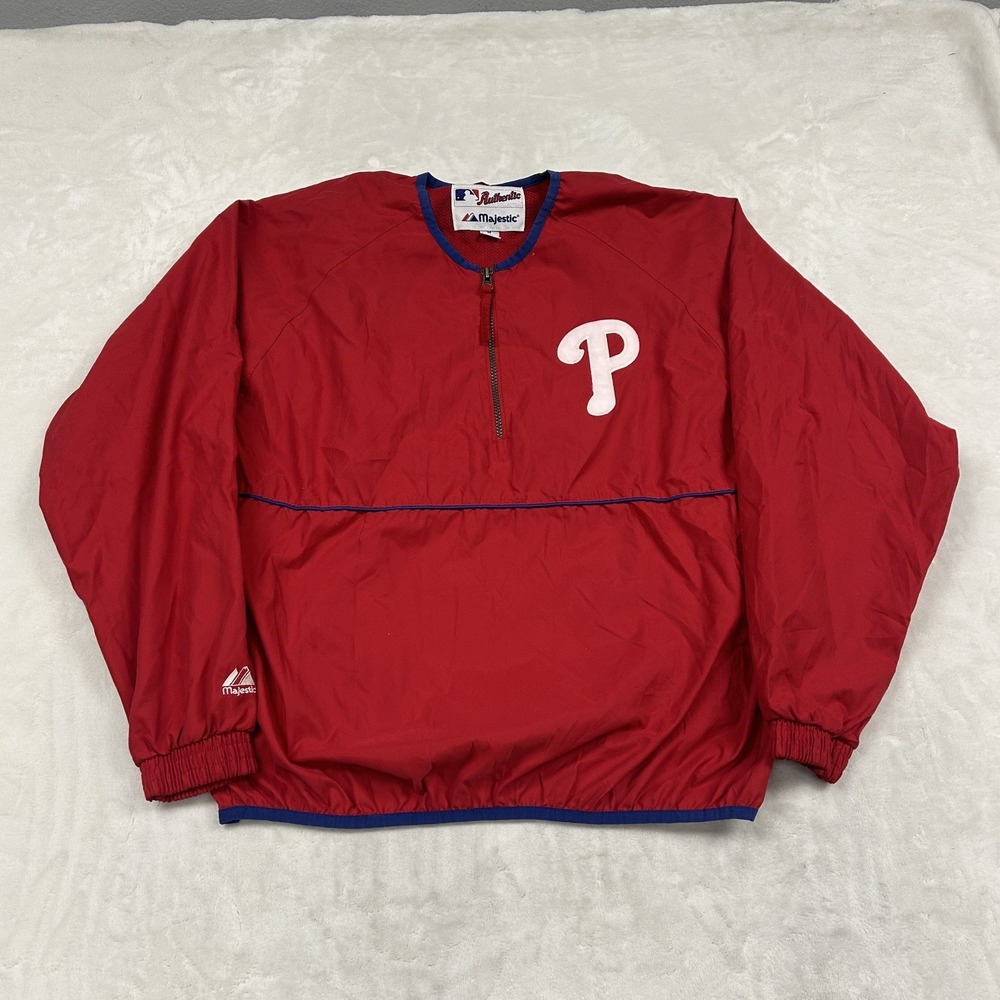 Majestic Windbreaker Mens Medium Red Philadelphia Phillies Quarter Zip Pullover